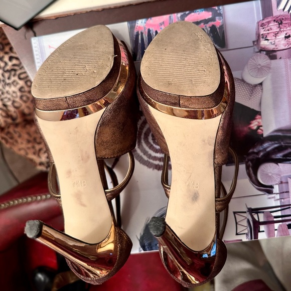 BCBGMAXAZRIA Bronze Platform Strappy Zip Back Peep-Toe Pumps, Size 7 1/2 - Picture 7 of 10